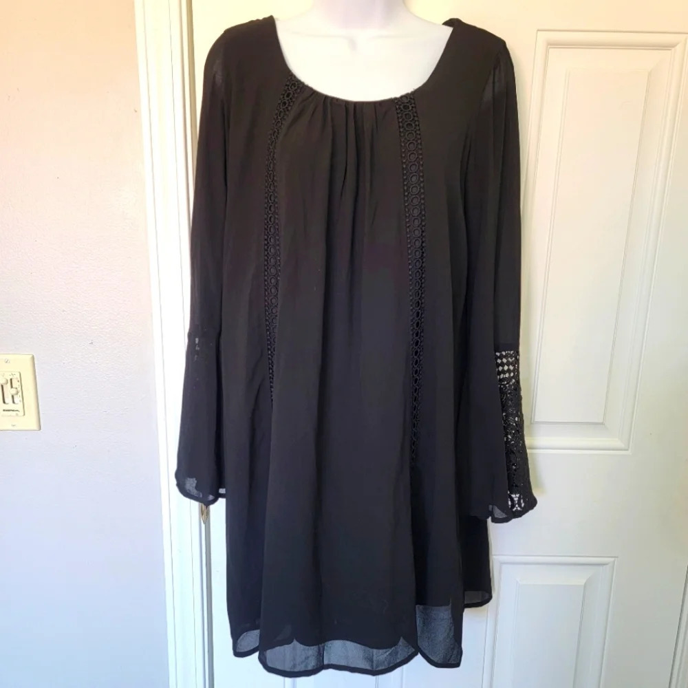 Sequin Hearts Black Dress Crochet Accents Bell Sleeves Soft Knit Scoop Neck M
